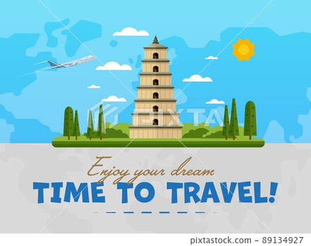 Welcome to China poster with famous attraction vector illustration. Travel design with ancient pagoda on background world map. Worldwide air traveling, discover new historical places concept Welcome to China poster with famous attraction vector illustration. Travel design with ancient pagoda on background world map. Worldwide air traveling, discover new historical places concept 89134927
