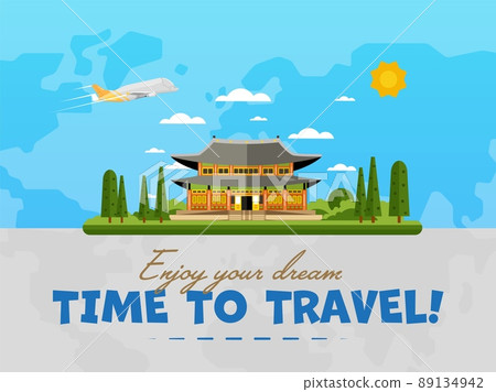Welcome to Korea poster with famous attraction vector illustration. Travel design with Deoksugung palace in Seoul. Worldwide traveling, time to travel, discover new historical building, explore world Welcome to Korea poster with famous attraction vector illustration. Travel design with Deoksugung palace in Seoul. Worldwide traveling, time to travel, discover new historical building, explore world 89134942