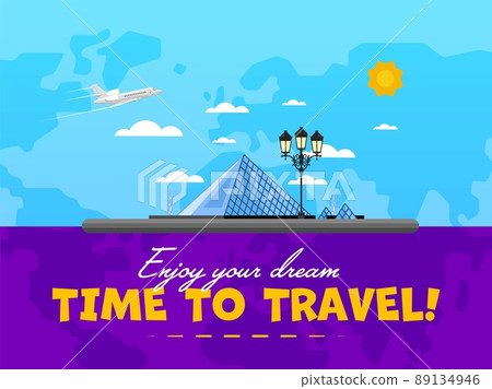 Welcome to France poster with famous attraction vector illustration. Travel design with Louvre museum pyramid. Time to travel concept with France architectural landmark, guide for traveling agency 89134946