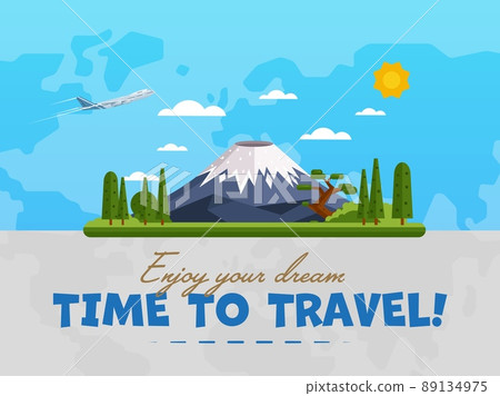 Welcome to Japan poster with famous attraction vector illustration. Travel design with Fujiyama mountain on background world map. Worldwide air traveling, time to travel, discover new places Welcome to Japan poster with famous attraction vector illustration. Travel design with Fujiyama mountain on background world map. Worldwide air traveling, time to travel, discover new places 89134975