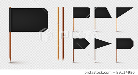 Realistic various toothpick flags. Wooden toothpicks with black paper flag. Location mark, map pointer. Blank mockup for advertising and promotions. Vector illustration 89134986