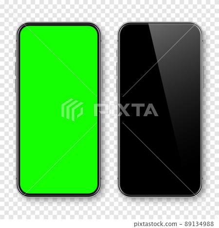 Realistic smartphone with blank touch screen and green chroma key background. Frameless mobile phone in front view. High quality detailed device mockup. Screen backdrop template. Vector illustration. Realistic smartphone with blank touch screen and green chroma key background. Frameless mobile phone in front view. High quality detailed device mockup. Screen backdrop template. Vector illustration. 89134988