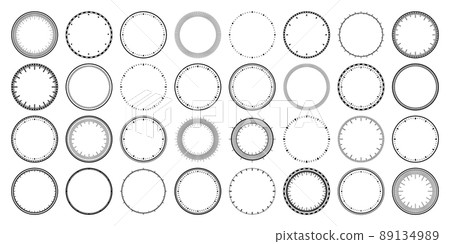 Mechanical clock faces, bezel. Watch dial with minute and hour marks. Timer or stopwatch element. Blank measuring circle scale with divisions. Vector illustration. Mechanical clock faces, bezel. Watch dial with minute and hour marks. Timer or stopwatch element. Blank measuring circle scale with divisions. Vector illustration. 89134989