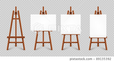 Realistic paint desk with blank white canvas. Wooden easel and a sheet of drawing paper. Presentation board on a tripod. Artwork mockup, template. Vector illustration 89135392
