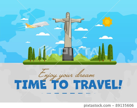 Welcome to Brazil poster with famous attraction vector illustration. Travel design with Jesus Christ statue. Time to travel concept with Brazil architectural landmark, tour guide for traveling agency 89135606