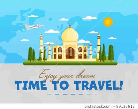 Welcome to India poster with famous attraction vector illustration. Travel design with ancient palace Taj Mahal on background world map. Worldwide air traveling, time to travel, discover new places Welcome to India poster with famous attraction vector illustration. Travel design with ancient palace Taj Mahal on background world map. Worldwide air traveling, time to travel, discover new places 89135612