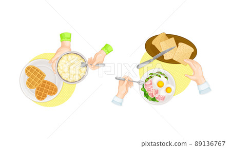 View from above of tasty dishes and human hands set. People having breakfast at home or in restaurant vector illustration 89136767