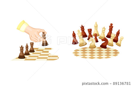 Chess pieces on chessboard set. People playing intellectual strategic board game vector illustration Chess pieces on chessboard set. People playing intellectual strategic board game vector illustration 89136781