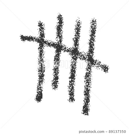 Hand drawn carcoal tally mark. Four sticks crossed out by slash line. Day counting symbol on prison wall. Unary numeral system sign 89137350