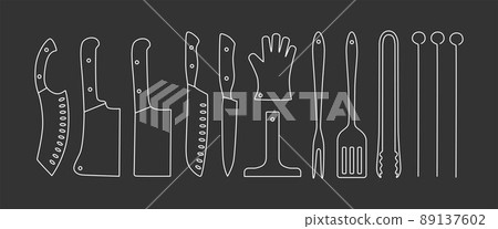 Barbecue, grill tools outline set. Editable stroke. Vector stock illustration isolated on black background for design packaging, logo, menu in restaurant. EPS10 Barbecue, grill tools outline set. Editable stroke. Vector stock illustration isolated on black background for design packaging, logo, menu in restaurant. EPS10 89137602