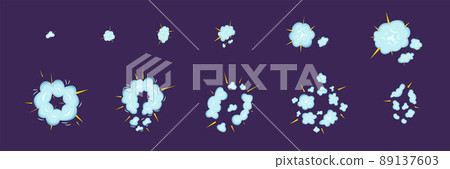 Top view sky blue sprite explosion set. Vector stock illustration isolated on black chalkboard background for animation comic move graphic design. EPS10 Top view sky blue sprite explosion set. Vector stock illustration isolated on black chalkboard background for animation comic move graphic design. EPS10 89137603