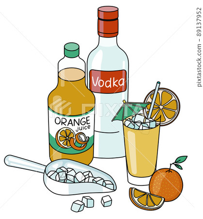 Stylish hand-drawn doodle cartoon style Screwdriver cocktail composition. A bottle of vodka, orange juice, ice scoop and orange. Goof for bar menu, cook book recipe, stickers or cards. 89137952