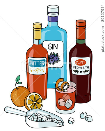 Stylish hand-drawn doodle cartoon style Negroni cocktail composition. A bottle of gin, Italian orange bitter, red sweet vermouth and orange. Goof for bar menu, cook book recipe, stickers or cards. 89137954