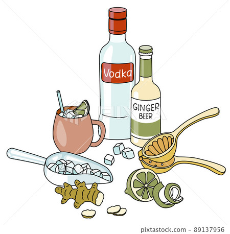 Stylish hand-drawn doodle cartoon style Moscow Mule cocktail composition. A bottle of vodka, ginger beer, ice scoop and lime. Goof for bar menu, cook book recipe, stickers or cards. 89137956