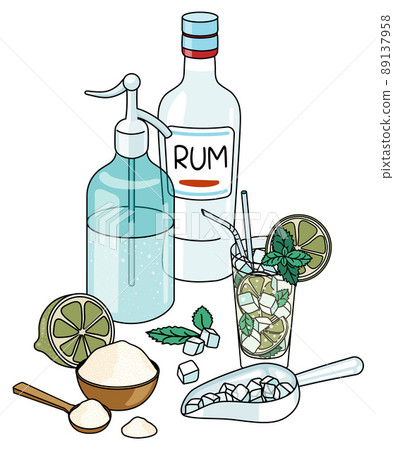 Stylish hand-drawn doodle cartoon style Mojito cocktail composition. A bottle of white rum, soda water, sugar and lime. Goof for bar menu, cook book recipe, stickers or cards. 89137958