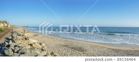 Panoramic view of the beach near the train tracks at San Clemente, California Panoramic view of the beach near the train tracks at San Clemente, California 89138464