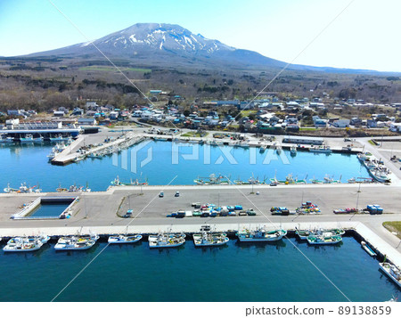 Aerial view of Sawara fishing port in Mori-cho, Hokkaido in spring 89138859