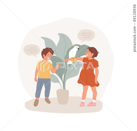 Parrot isolated cartoon vector illustration. Companion parrot behavior, cockatoo sitting on childs hand, kid speaking to a bird, teaching to talk, training, children having pets vector cartoon. 89138936