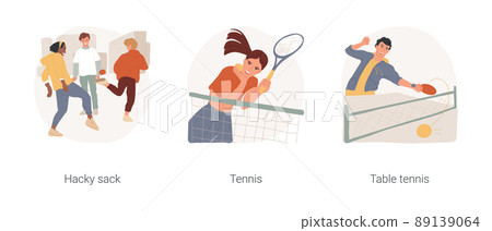 Sport games isolated cartoon vector illustration set. Group of teens playing hacky sack, smiling girl on tennis court, table tennis competition, ping pong, physical activity vector cartoon. 89139064