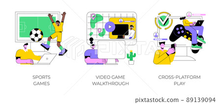 Digital gaming abstract concept vector illustration set. Sports games, video game walkthrough, cross-platform play, console playing, online multiplayer, e-sport league, streaming abstract metaphor. 89139094