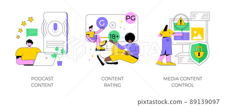 Engaging marketing abstract concept vector illustration set. Podcast content rating, media content control, promotion strategy, monetization, games and apps, user guidelines abstract metaphor. Engaging marketing abstract concept vector illustration set. Podcast content rating, media content control, promotion strategy, monetization, games and apps, user guidelines abstract metaphor. 89139097