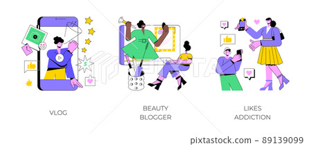 Social media star abstract concept vector illustration set. Vlog, beauty blogger, likes addiction, attract followers and subscription, viral content, social media video platform abstract metaphor. 89139099