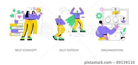 Personality trait abstract concept vector illustration set. Self-concept, self-esteem and organization, confidence, personal value, organize daily life, training personal skills abstract metaphor. Personality trait abstract concept vector illustration set. Self-concept, self-esteem and organization, confidence, personal value, organize daily life, training personal skills abstract metaphor. 89139110