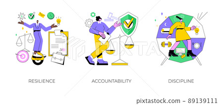 Personal quality abstract concept vector illustration set. Resilience, accountability and discipline, mental strength, psychological flexibility, decision making, leadership role abstract metaphor. Personal quality abstract concept vector illustration set. Resilience, accountability and discipline, mental strength, psychological flexibility, decision making, leadership role abstract metaphor. 89139111