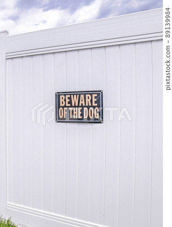 Vertical White vinyl fence gate with two beware of dog the signages Vertical White vinyl fence gate with two beware of dog the signages 89139984