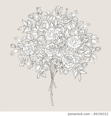 Roses flowers on branches. Millefleurs trendy floral design 89140312