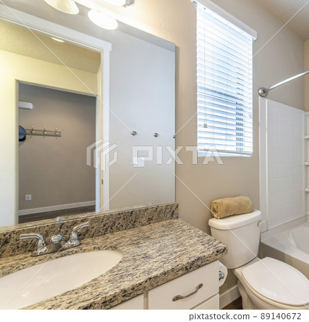 Square Bathroom interior with window and acrylic bathtub wall kit Square Bathroom interior with window and acrylic bathtub wall kit 89140672