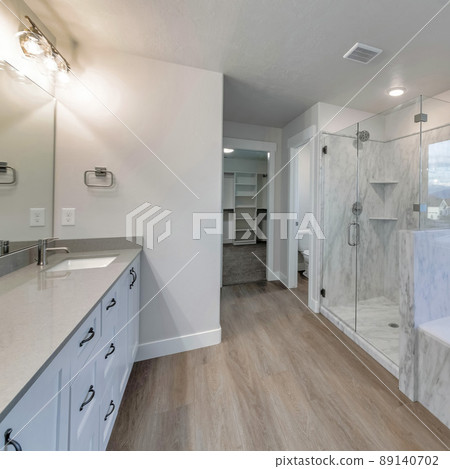 Square Large modern contemporary bathroom design with picture window with a view of the neighborhood 89140702