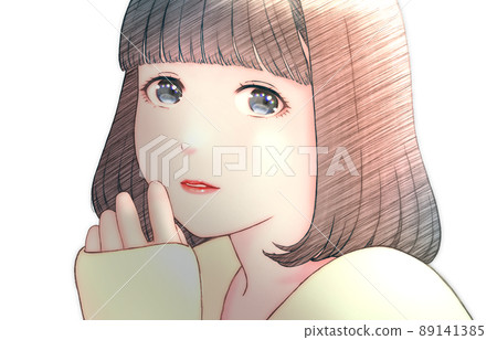 Color illustration of a young woman with bob hair Shade gloss processing (strong) No background 89141385