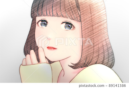 Color illustration of a young woman with bob hair, shade gloss processing (weak) 89141386
