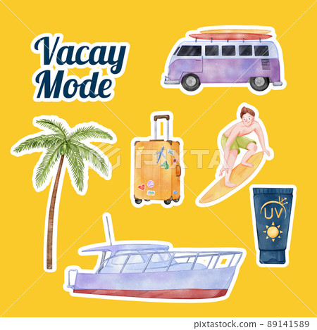 Sticker template with enjoy summer holiday concept,watercolor style Sticker template with enjoy summer holiday concept,watercolor style 89141589
