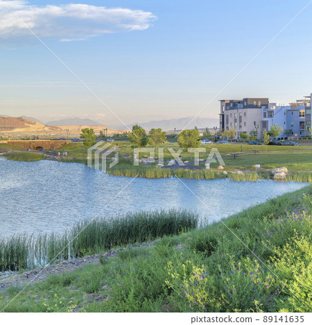 Square Panoramic view of the residential area against the mountain range background at Daybreak, Utah 89141635