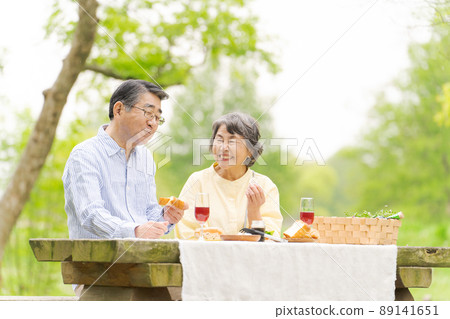 Senior couple outdoor park picnic 89141651