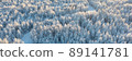 Aerial view of snow-covered paths in the winter forest. Top view of larch trees illuminated at sunrise. 89141781