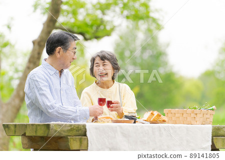 Senior couple outdoor park picnic 89141805
