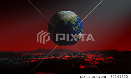 Globe floating on red lava. Smoke and light from the side. Global warming idea concept. Globe floating on red lava. Smoke and light from the side. Global warming idea concept. 89141860