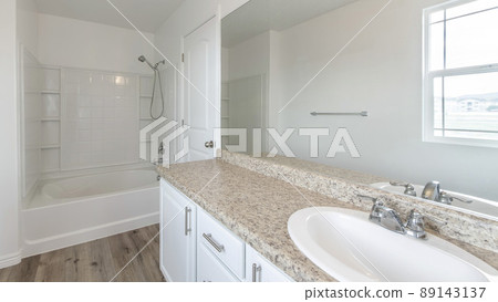 Panorama Traditional bathroom interior with vanity sink and shower tub combo kit 89143137