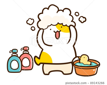 一個可愛的貓角色在浴室裡洗頭的手寫風格插圖 一個可愛的貓角色在浴室裡洗頭的手寫風格插圖 89143266