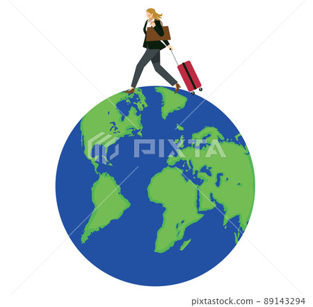 Illustration of the image of a businessman holding a suitcase that crosses the earth. Overseas business trip, 8 life white women 89143294