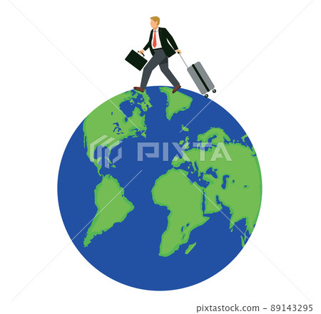 Illustration of the image of a businessman holding a suitcase that crosses the earth. Overseas business trip, 8 life-long white men 89143295