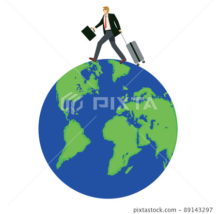 Illustration of the image of a businessman holding a suitcase that crosses the earth. Overseas business trip, 8 life-long white men 89143297