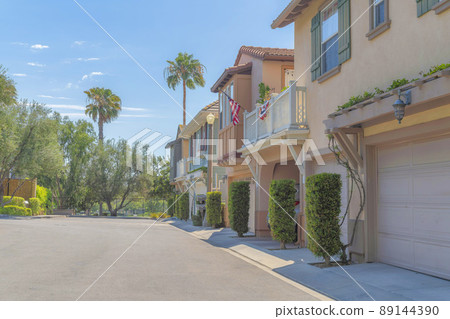 Neighborhood houses with topiary shrubs at the front of the garage doors at Ladera Ranch, California 89144390