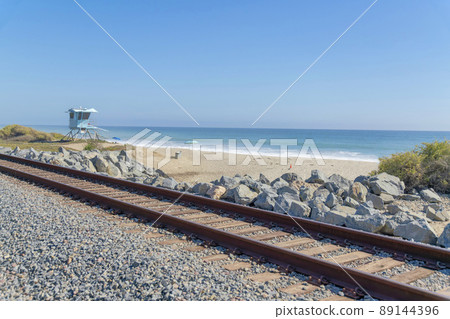 Train railroad near the beach at San Clemente, California 89144396