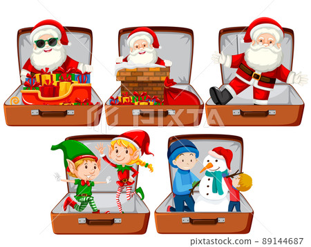 Christmas theme with Santa in a luggage on white background Christmas theme with Santa in a luggage on white background 89144687