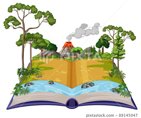 Book with scene of volcano erupting 89145047