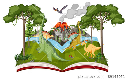 Book with scene of dinosaurs in forest Book with scene of dinosaurs in forest 89145051